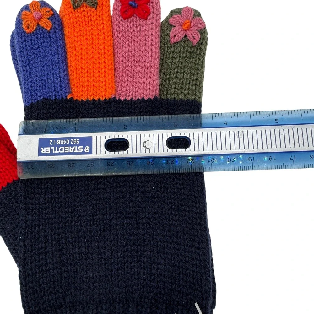 Capelli Navy Knit Womens Gloves Multi Color Floral Embroidered Stretch Cozy NWT